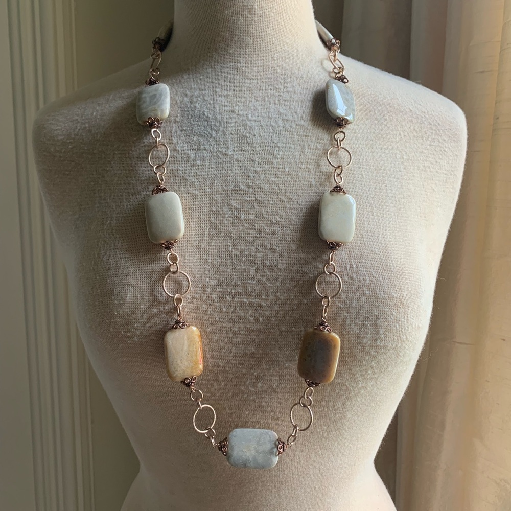 Two Blonde Lizzards Fossil Agate, Copper & Brass Necklace